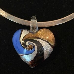 Artisan Swirl Glass Heart Pendant in Blue and Gold